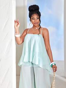 Maweii Plus Size Solid Color Spaghetti Strap Ruffle Hem Asymmetrical Hem Casual Summer 2 Pieces Set - Mint Green - View 3
