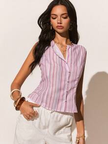 Poéselle 粉色条纹无袖纽扣衬衫，女士夏季粉彩上衣，时尚休闲度假衬衫，柔美少女宽松春季必备单品，女士条纹印花无袖上衣，法式风格上衣，2026新款粉色条纹衬衫，条纹上衣，商务休闲上衣，女士条纹上衣，无袖上衣，女士上衣，夏季女士上衣 - 彩色 - 查看 7