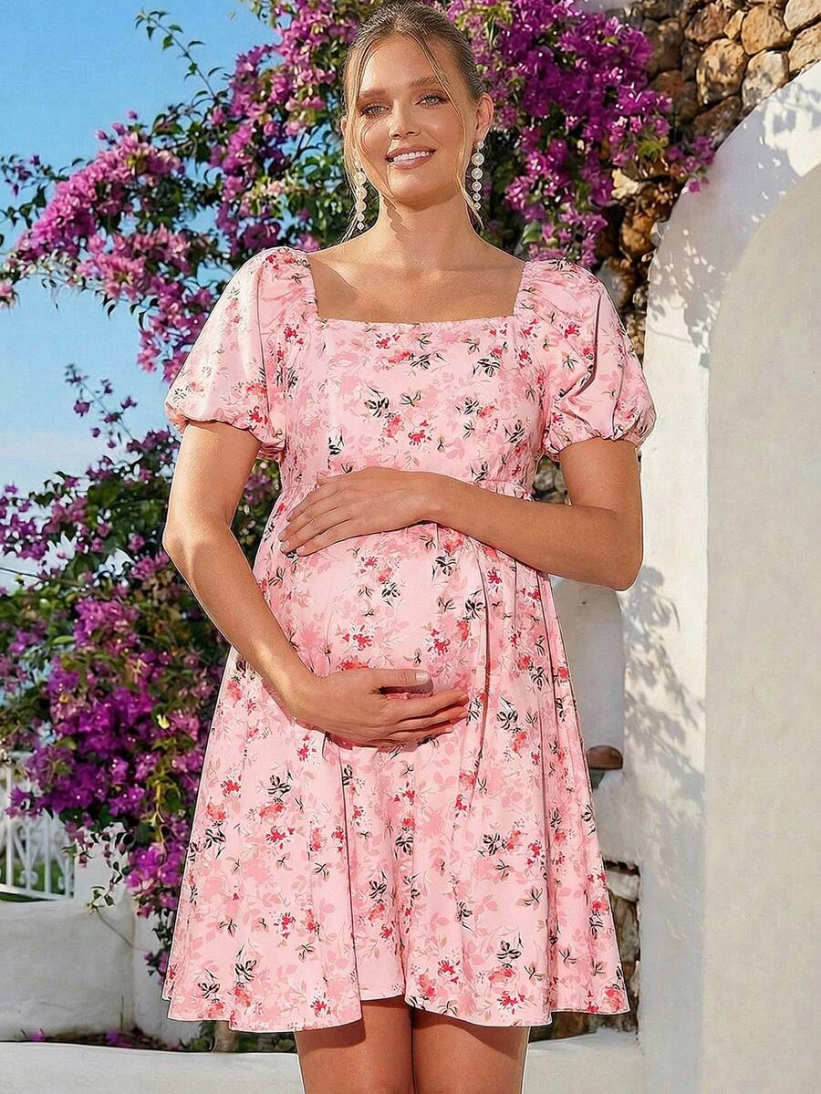 Loomaby Vestido Elegante de Manga Bufante com Estampa Floral Miúda para Gestantes, Verão - Multicolorido - Visão 1