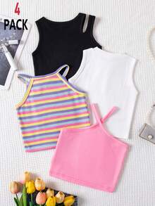SHEIN Young Girls' Sleeveless Casual Ribbed Tank Top, Versatile For Daily Wear, Summer - Multicolor - View 2