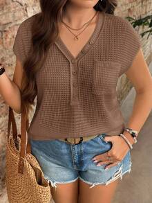 SHEIN LUNE Plus Size Women Casual Solid Color Crochet Textured Buttoned Cami Top Summer Outfits For Women Summer Clothes Cute Summer Tops - Camel - View 1
