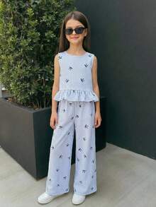 SHEIN 少女度假休闲编织蓝色蝴蝶结印花条纹吊带背心和阔腿裤套装，蓝色条纹背心两件套 - 藍色 - 查看 4