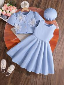 SHEIN Bộ áo khoác tay phồng họa tiết hoa và váy cho bé gái tuổi teen, thích hợp mặc mùa hè. - Màu xanh lam - Xem 6