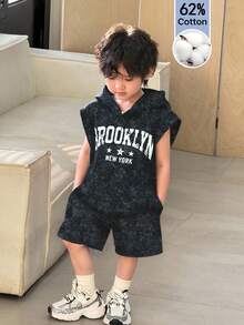 SHEIN 2 件套婴儿男孩/女孩休闲街头时尚字母图案连帽无袖背心和短裤套装，适合室内、户外、日常穿着、运动、玩耍、派对、拍照、度假、春夏季 - 黑色 - 查看 3