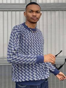 Ngobest Haus Ngobest Haus 男士休闲复古提花圆领轻薄针织衫，欧美亚洲风格，秋冬款 - 藏蓝色 - 查看 6