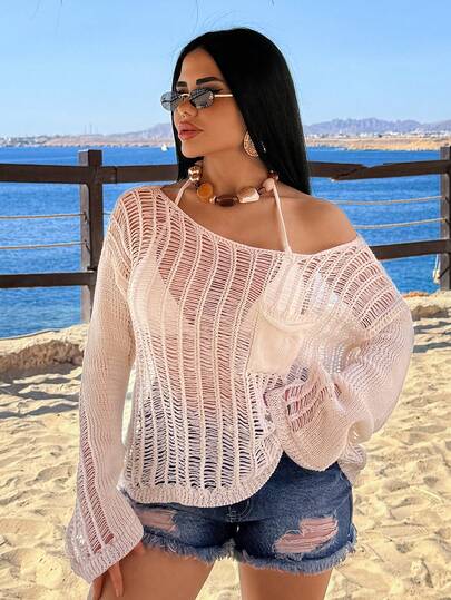 SHEIN Women's Lightweight Open Knit Long Sleeve Sweater With Vertical Rib Texture And Chest Pocket, Breathable Summer Layering Top For European Casual Style
