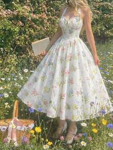 SHEIN MOD Đầm dài nữ in hoa, cổ buộc dây, eo thắt thanh lịch, thích hợp cho các bữa tiệc và dịp lễ. - Nhiều màu - Xem 3