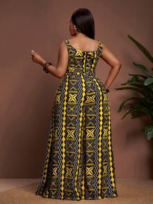 Veslaya 2026早春新款加大码女装，适合音乐节、复活节、西部风、游牧风格等场合，包括生日派对、毕业典礼、节日庆典、优雅宴会、舞会、日常通勤和休闲穿着。套装包含宽肩带几何印花露脐上衣和阔腿裤。 - 黃色 - 查看 2