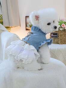 PETSIN 1pc Pet Clothes, Cute Blue Bandage Ruffle Pet Dress, Sweet Princess Style Small Dog/Cat/Dog Universal Puffy Skirt - Blue and White - View 6