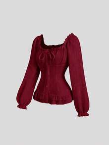 Sweetra Áo sơ mi nữ tay dài màu trắng họa tiết gạch, cổ bẻ, eo thon, tay bồng, buộc dây. - Đỏ - Xem 3