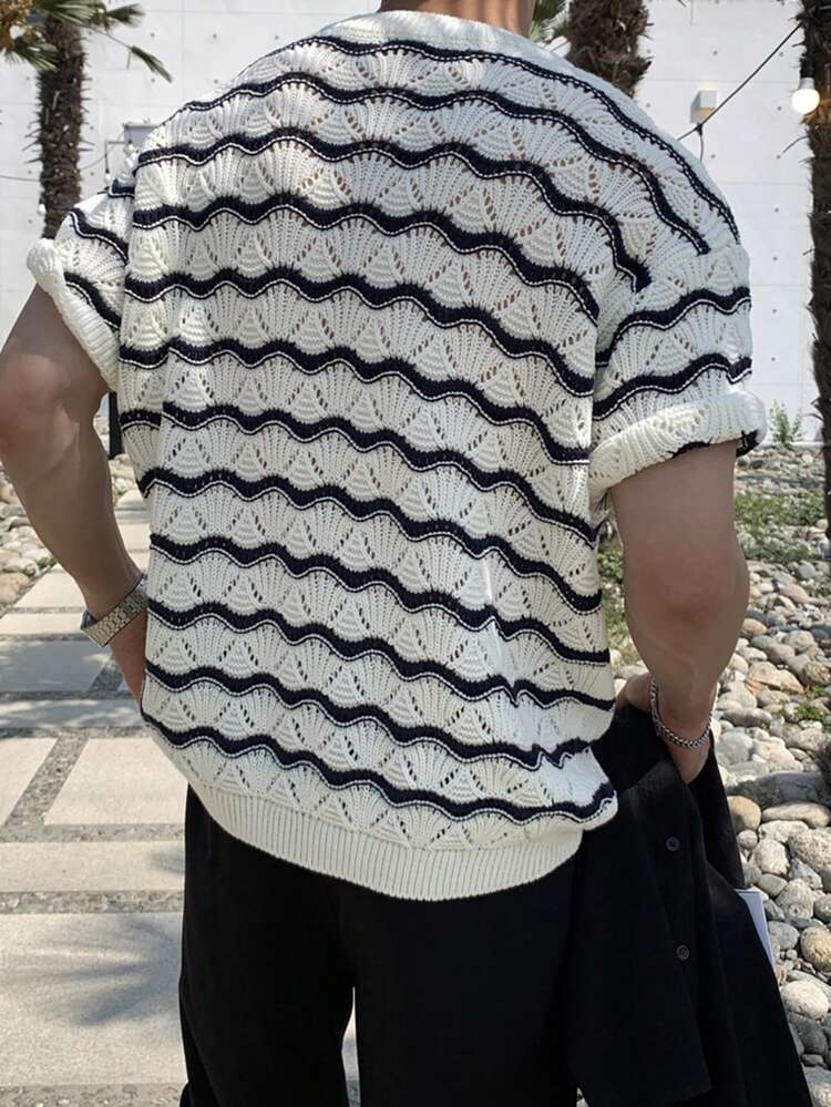 Men's Striped Colorful Short Sleeve Crew Neck Knit Top, Summer