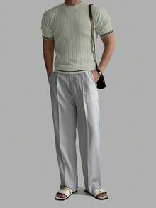 DAZY Camiseta de punto de cuello redondo de manga corta de unicolor de verano para hombre, versátil - Neblina azul - Ver 5