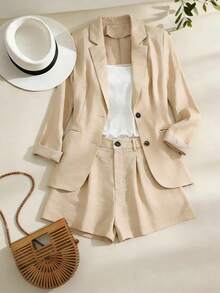 SHEIN Franclia Women's Printed Dress, Women's Summer New Arrivals, Simple Dress, Summer Dress, Women's Digital Print Dress, Women's Romantic Vacation Maxi Dress, Women's Elegant Vacation Dress, V-Neck Red Collar Dress, Women's Versatile And Stylish Belt Dress, Elegant And Casual Wrap-Style Mid-Length Dress With An A-Line Silhouette, Summer Beach Dress With A Touch Of Evening Atmosphere. - Apricot - View 5