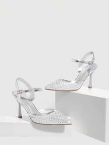 CUCCOO SZL Women's Pointed Toe Stilettos Silver Rhinestone Mesh Fashionable Sexy Party Wedding Ankle Strap High Heels - Silver - View 2