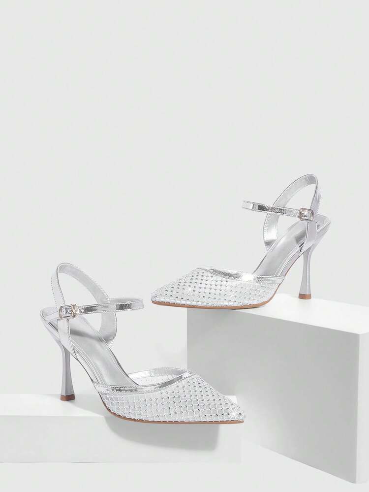 CUCCOO SZL Women's Pointed Toe Stilettos Silver Rhinestone Mesh Fashionable Sexy Party Wedding Ankle Strap High Heels Spring Shoes