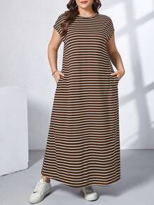 SHEIN Essnce 大码休闲条纹圆领蝙蝠袖连衣裙 - 棕色 - 查看 1