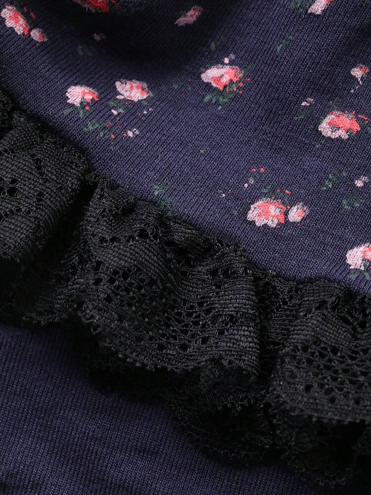 Lace Patchwork Cute Floral All-Over Print Bow Adjustable Strap Fitted Short Nightgown, Women Summer Sleepwear Dress