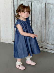 DAZY 女童棉质牛仔无袖休闲连衣裙，夏季 - 藍色 - 查看 1