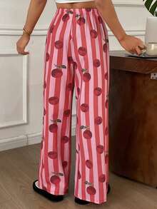 DAZY 红色条纹苹果印花宽松女士睡裤 - 紅色 - 查看 2