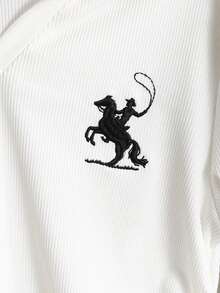 SHEIN Tween Girl Spring/Summer Casual Horse Racing Embroidered Ribbed Polo Collar T-Shirt, White - White - View 4