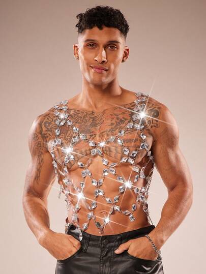FeverCity 男士闪亮水钻镂空链条装饰背心