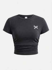 SHEIN 少女蝴蝶结印花T恤和打底裤两件套，休闲日常时尚百搭 - 深灰色 - 查看 8