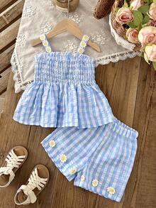 SHEIN 2件套女婴幼儿/新生儿0-3岁休闲日常可爱度假条纹蝴蝶结装饰吊带背心+短裤套装，春夏款 - 藍色 - 查看 3