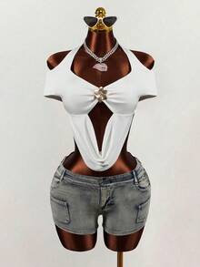 Mistrie Women's Sexy Deep V-Neck Fashion Ruched Designer Short-Sleeve Blouse - White - View 1