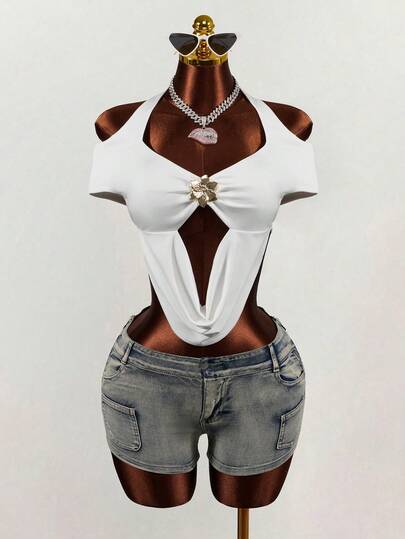 Mistrie Women's Sexy Deep V-Neck Fashion Ruched Designer Short-Sleeve Blouse