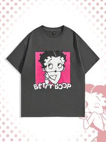ROMWE MEN Betty Boop | ROMWE Men's Casual Everyday Commute Fashion Street Cartoon Figure Graphic & Letter Graphic Loose Fit T-Shirt, Summer - Grey - View 1