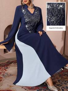 Al Najma Elaborate Beaded Embroidered Long Sleeve Maxi Dress, Turkish & Arabic Traditional Style - Royal Blue - View 1