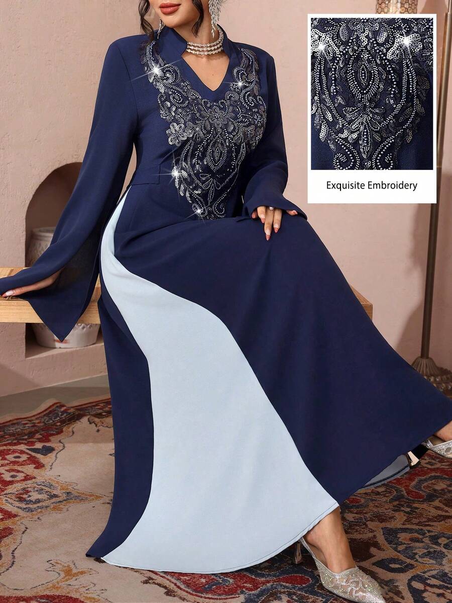 Al Najma Elaborate Beaded Embroidered Long Sleeve Maxi Dress, Turkish & Arabic Traditional Style - Royal Blue - View 1