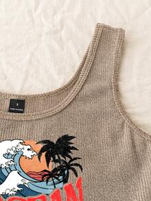 INAWLY Women's Casual Sleeveless Tank Top With Wave, Coconut Tree And Slogan Print, Summer - Khaki - View 3
