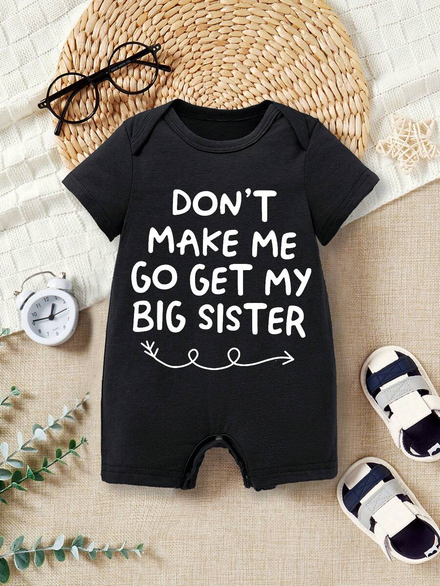 ModeFlare Wear Don''t Make Me Go Get My Big Sister, Baby Boys'' Casual Minimalist Letter Graphic Round Neck Romper, Summer Cotton - Black - View 1