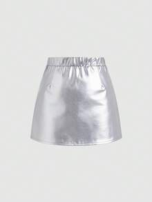 Sweetra Chân váy mini dáng chữ A xếp ly xẻ tà bằng da PU cỡ lớn, ôm sát và tôn dáng. - Bạc - Xem 2