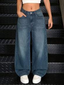 EURMUSE Women's Fashionable Casual Blue Loose Denim Pants - Baby Blue - View 4