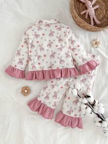 Cozy Pixies Baby Girl Cute Cartoon Rabbit Pattern Off-White Pajama Set,Autumn Long Sleeve Cardigan & Elastic Waist Pants 2 Pieces Soft Sleepwear Bunny Print - Multicolor - View 5