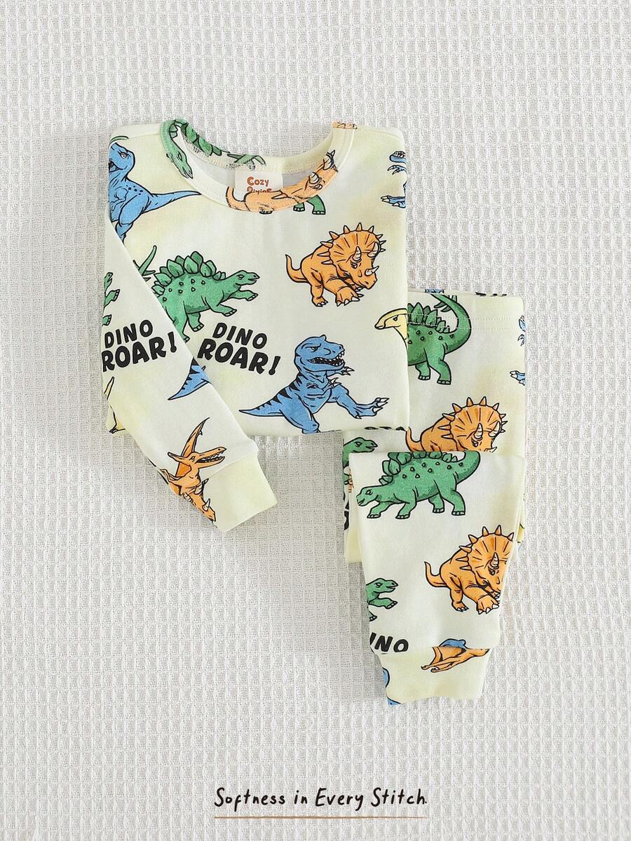 Cozy Pixies Baby Boy Cartoon Animal Print Soft Knit Crew Neck Long Sleeve Top And Elastic Waist Long Pants 2-Piece Snug Fit Pajama Set - Multicolor - View 1