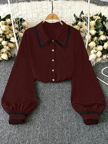 DreamSkyne Plus Size Women's Autumn Elegant Black Lace Tea Party Blouse,Contrast Color Ruffle Front Button Lantern Sleeve Tops For Teens,New Arrival Latest Tops - Burgundy - View 1