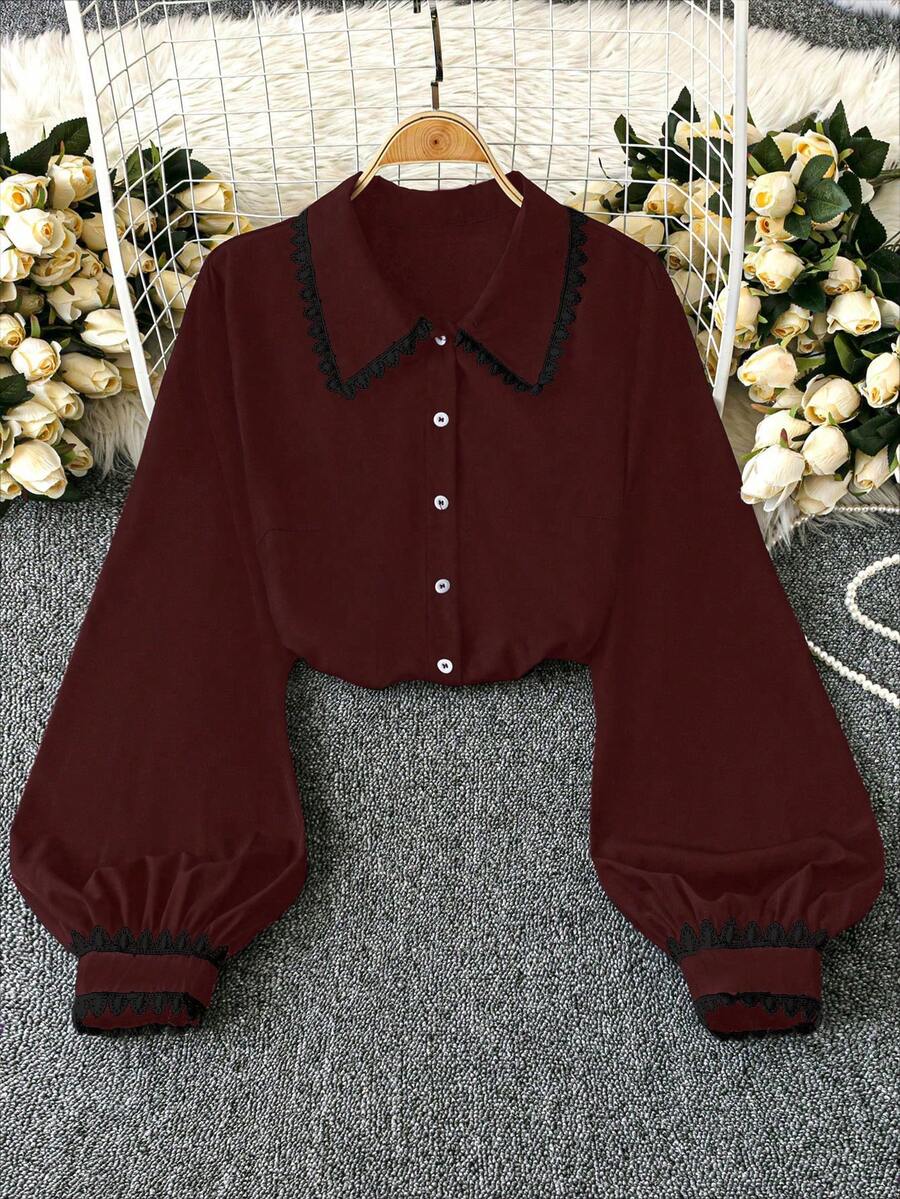 DreamSkyne Plus Size Women's Autumn Elegant Black Lace Tea Party Blouse,Contrast Color Ruffle Front Button Lantern Sleeve Tops For Teens,New Arrival Latest Tops - Burgundy - View 1