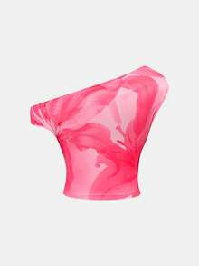 SHEIN Tween Girl Printed Asymmetric Asymmetrical Shoulder Short Sleeve T-Shirt And Midi Skirt 2-Piece Elegant Vacation Set - Hot Pink - View 5