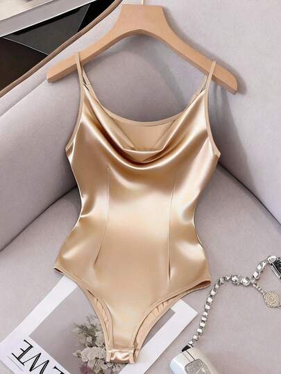 GlowEve Women's Fashion Knitted Spaghetti Strap Split Neck Romantic Elegant Casual Commute Date Party Bodysuit, Spring/Summer