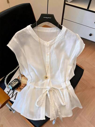 GlowEve 女士白色圆领抽绳腰无袖衬衫，设计优雅，版型修身，适合情人节、复活节、劳动节、生日、约会、派对、正式场合、教师节、活力四射的场合、旅行以及春夏穿着。