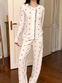 DAZY 两件套女士宽松荷叶边心形开衫和裤子睡衣套装，春秋季 - 米色 - 查看 5