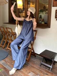 DAZY Bộ đồ nữ mùa hè mới, dáng rộng, màu xanh dương, chất liệu vải lanh, gồm áo hai dây xếp ly và quần ống rộng. - Màu xanh lam - Xem 5