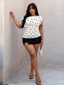 Rustia Plus Size Polka Dot Scoop Neck Sleeveless T-Shirt, Spring/Summer - Black and White - View 4