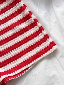 Soleia 女士春夏休闲度假红色条纹针织吊带露背上衣+复古红色条纹低腰超短裤两件套 - 紅白色 - 查看 5