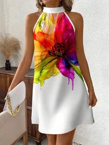 SHEIN Clasi 休闲优雅风格彩色印花无袖连衣裙，适合春夏度假 - 彩色 - 查看 4