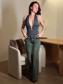 Abrilcols فستان أنيق بياقة حلقية وحزام دائري للزينة، أزرق فاتح، للنساء، ربيع/صيف - رمادي غامق - مشاهدة 5