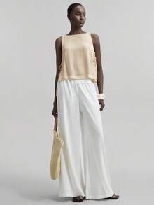 Ontre 2026春夏女士纯色亚麻面料侧开衩蝴蝶结设计圆领无袖背心，都市通勤商务休闲优雅上衣，适合度假、派对、夏季穿着 - 杏色 - 查看 2